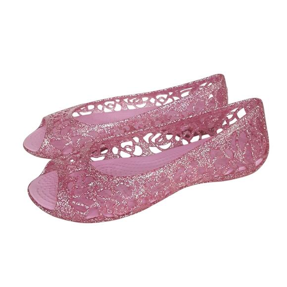 Crocs Isabella Gel Sandals Girls 1 Peep Toe Jelly Ballet Flats Pink Glitter Shoe - Picture 2 of 7